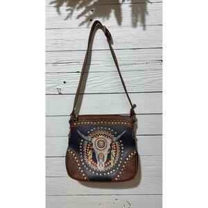 Montana West Western Steer Skull Rhinestone Studded Crossbody Bag Brown Black